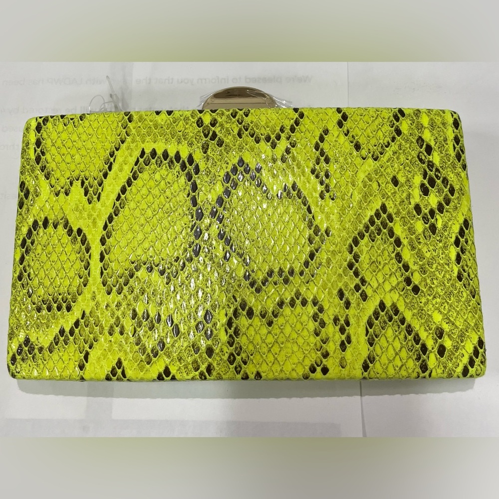 NWOT Vibrant Neon Green Snakeskin Clutch with Gold Clasp